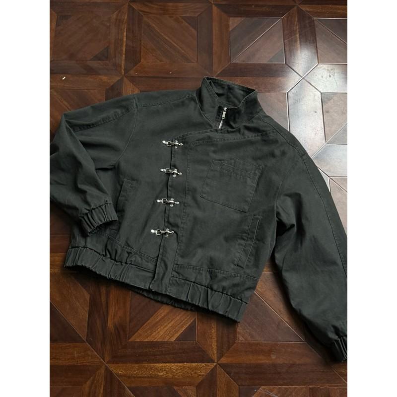 American Trendy Plane Buckle Design Solid Color Pocket Zip Up Stand Collar Sweatshirt Jacket Teens Youth