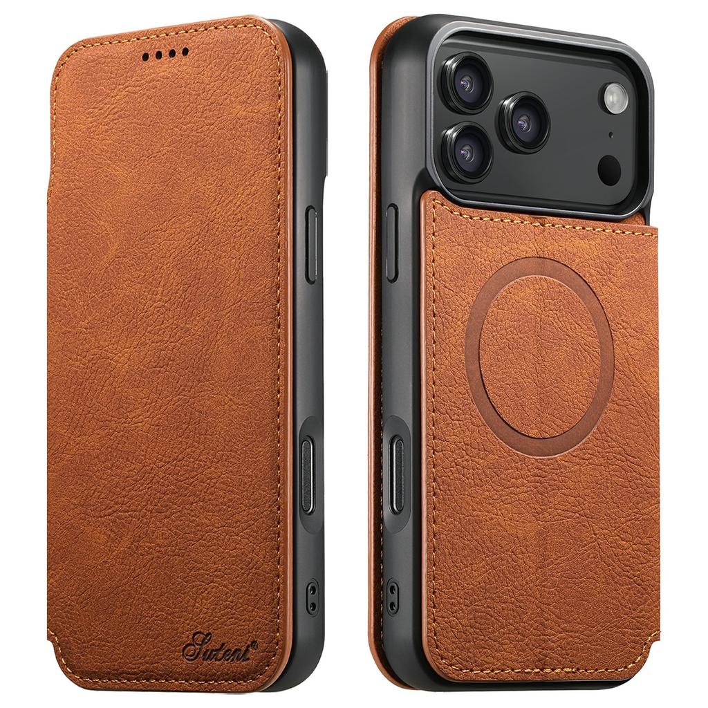 SUTENI J06 For iPhone 17 Pro Case Litchi Texture Leather Wallet Phone Shell Compatible with MagSafe