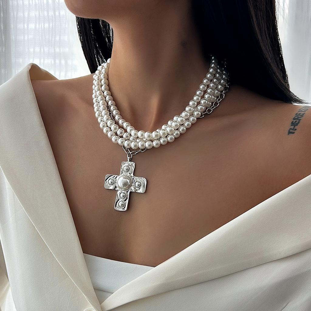 DIEZI Многослойное винтажное ожерелье с подвеской в виде креста из искусственного жемчуга для женщин, панк, эффектное колье, цепочка для ключиц, ювелирное изделие