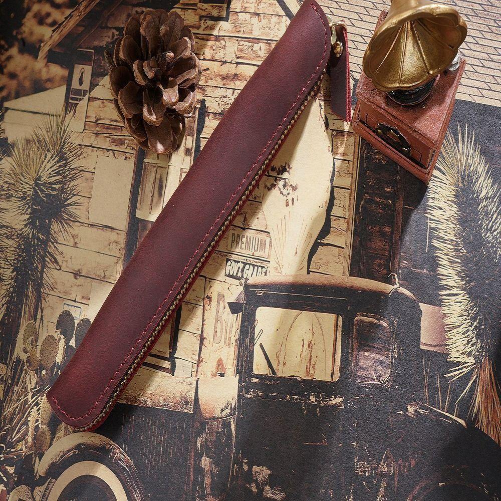 Cowhide Leather Mini Pen Pouch Zipper Electronic Writing Pen Protective Organizer