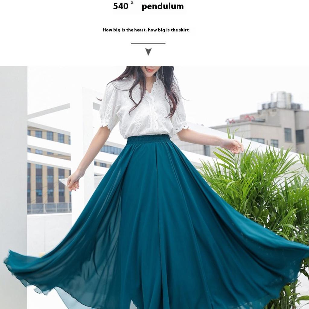 Tooxika Spring and Summer Women's Pure Color Chiffon Skirt with High Waist and Big Swing