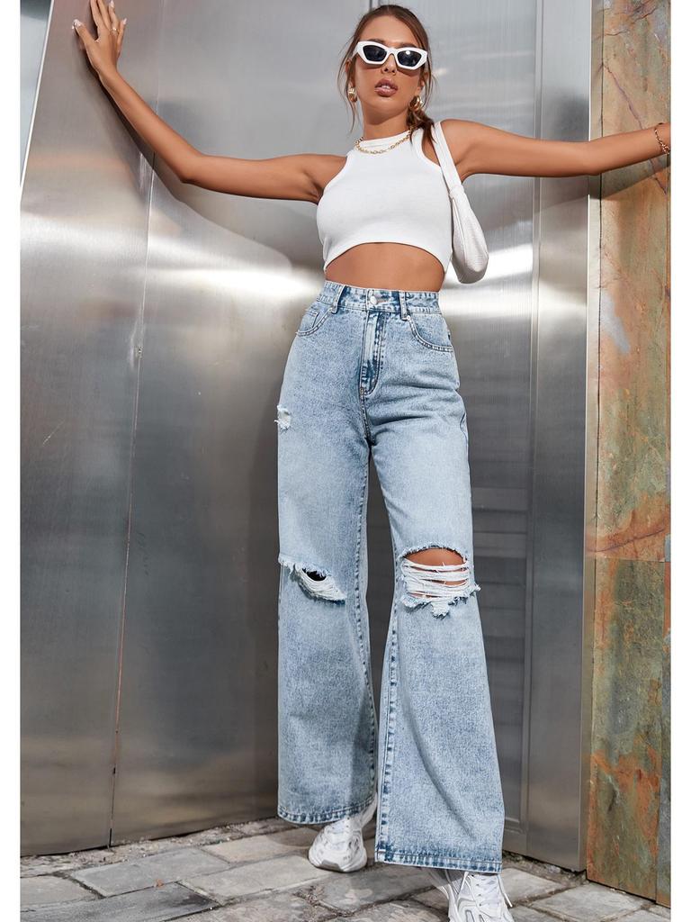 Women's INS Fashion Ripped High-Waisted Wide-Leg Jeans