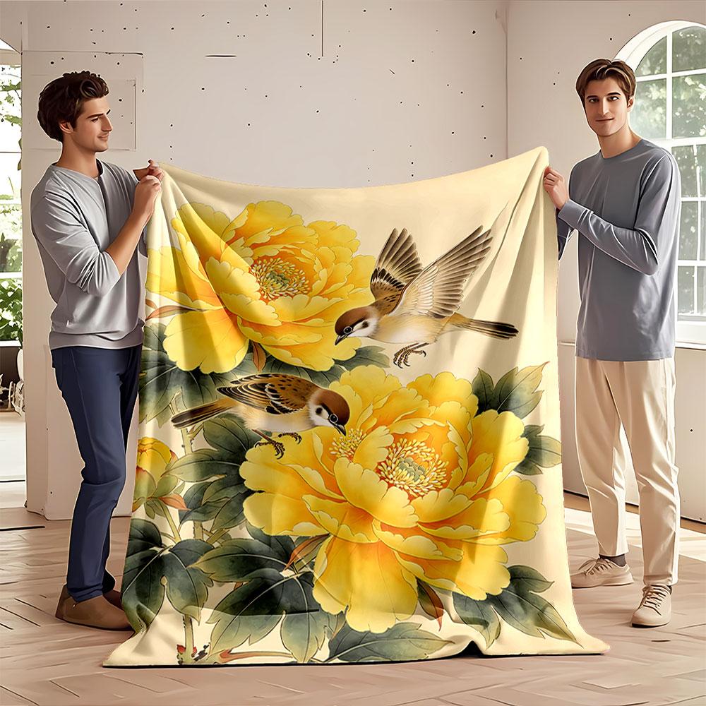Bright yellow flowers with detailed sparrows amidst green leaves. for all seasons blanket lunch break throw gift