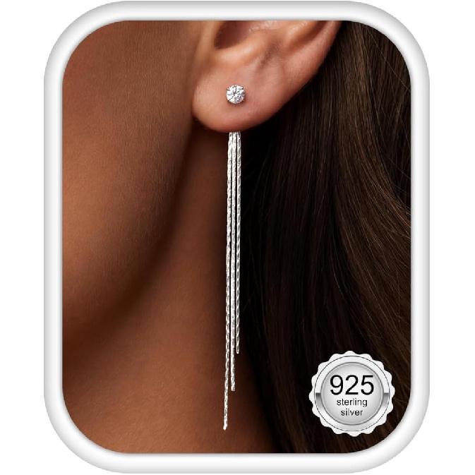 PAVOI 14K Gold Plated 925 Sterling Silver Post Threader Earrings for Women - Minimalist Gold Chain Earrings Double Piercings - Dangle Twist Wavy