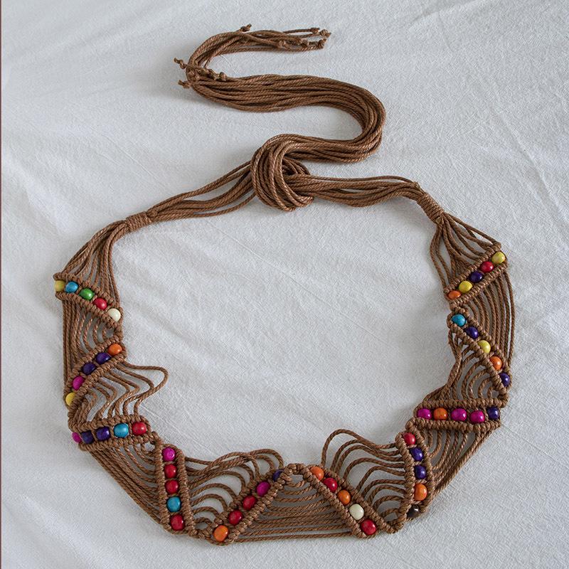 Бохо Стиль Вощеная Веревка Плетение Узлами Этнический Стиль Ручная Работа Деревянные Бусины Женский Пояс Повседневный Стиль для Отпуска Изысканная Поясная Веревка