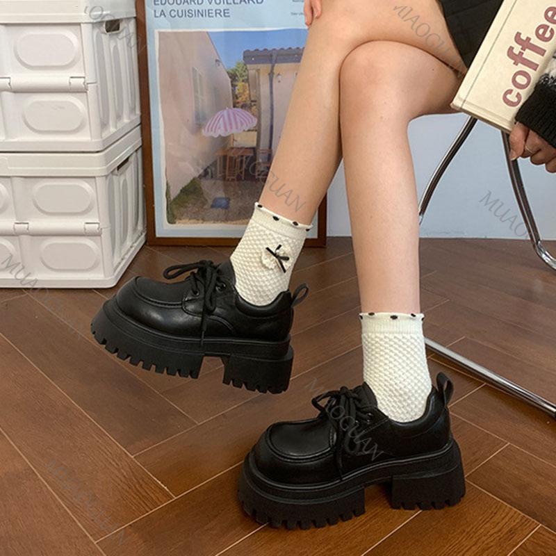 Модные женские кожаные туфли на толстой подошве в британском стиле, туфли-лоферы на шнуровке, ретро туфли на высоком каблуке Мэри Джейн, модная обувь на каблуке