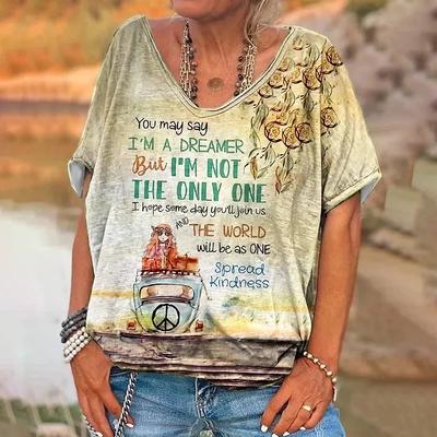 Женская футболка, винтажная футболка с буквенным принтом и короткими рукавами, повседневные выходные, базовая футболка с v-образным вырезом для девочек, женская одежда, летние топы большого размера