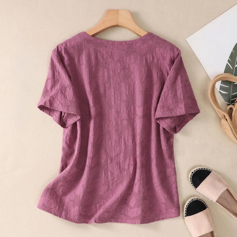 Летняя художественная свободная хлопковая пеньковая жаккардовая футболка с круглым вырезом и вышивкой с коротким рукавом, женская футболка