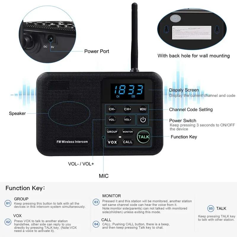 10-Channel FM Wireless Intercoms Home House Business Offices 1Mile Range Room To Room Calling &  Talking System