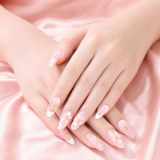 24Pcs 3D Shell Starfish Press on Nails, Ocean Theme Long Stick-on Fake Nails, Almond French Tip Glue on False Nails for Women Girls