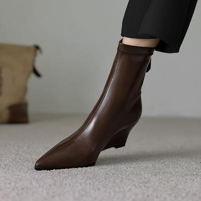 Мода 2025 Новые Осенние Женские Сапоги Острый Носок Танкетка Современные Сапоги Микрофибра Женская Обувь Короткие Сапоги Высокий Каблук Стрейч Обувь
