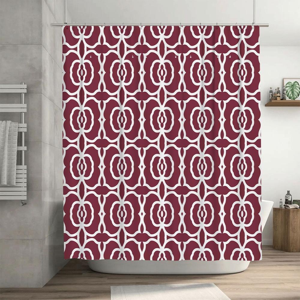 Red and white geometric shower curtain decor with patterned design for bathroom home kitchen accessories set includes hooks (24x