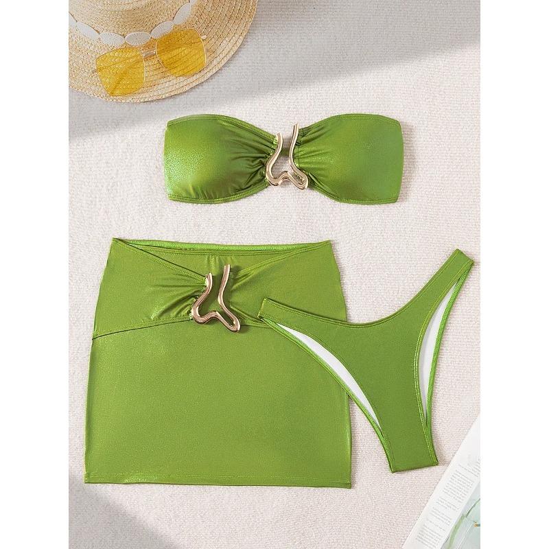 3 PCS with Sarong Skirt Bandeau Bikini Women Swimwear Female Swimsuit Three-pieces Bikini Set Bather Bathing Suit Swim Beachwear