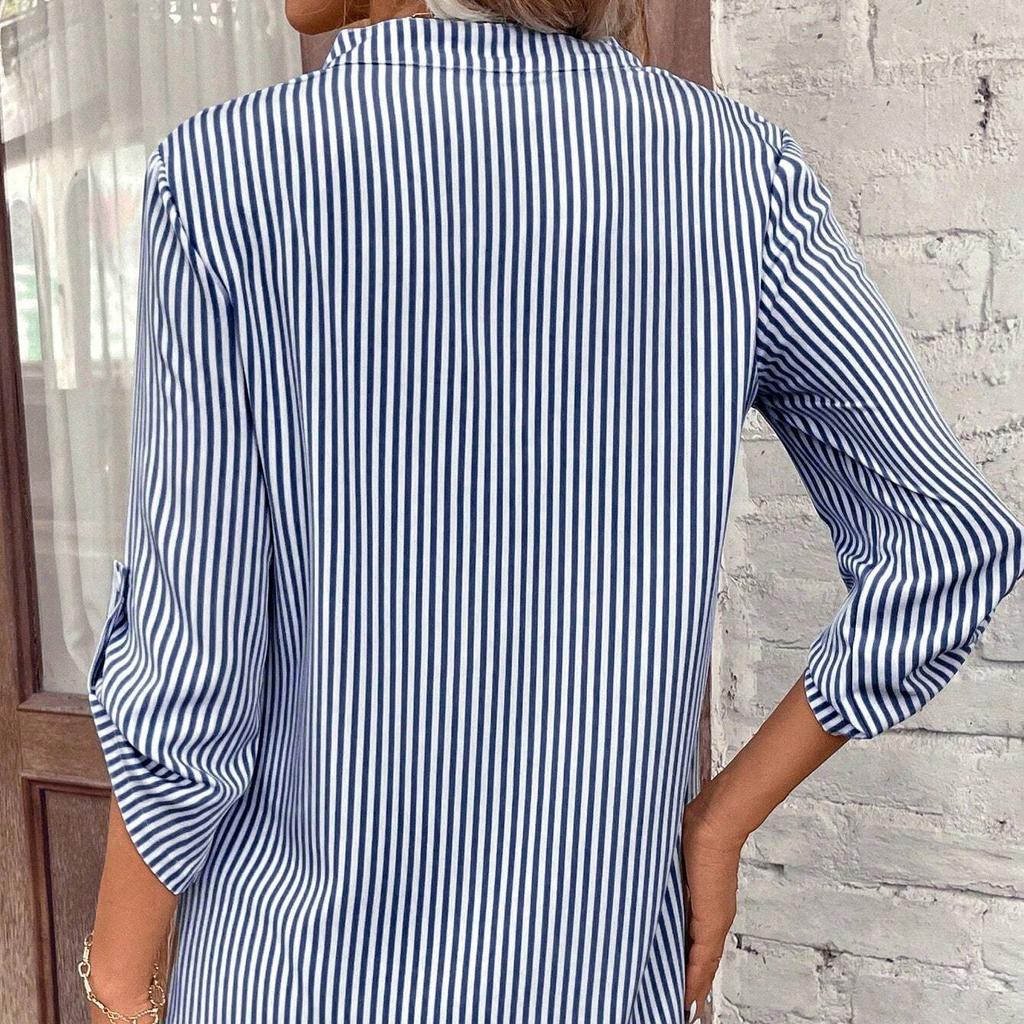 GMXIA Весенний женский свитер с V-образным вырезом и полосатым принтом, повседневная рубашка с длинным рукавом для женщин