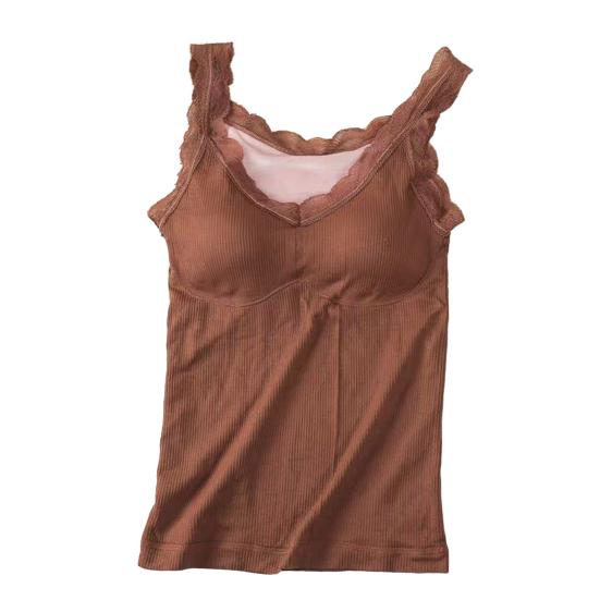 Women Vest V-Neck Sleeveless Padded Underwear Vest Solid Color Lace Trim Elastic Bottom Vest Winter Daily Wear