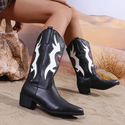 Модные разноцветные ковбойские сапоги до колена, женские сексуальные туфли в стиле вестерн с острым носком, женские сапоги больших размеров на толстом каблуке до середины голени 43