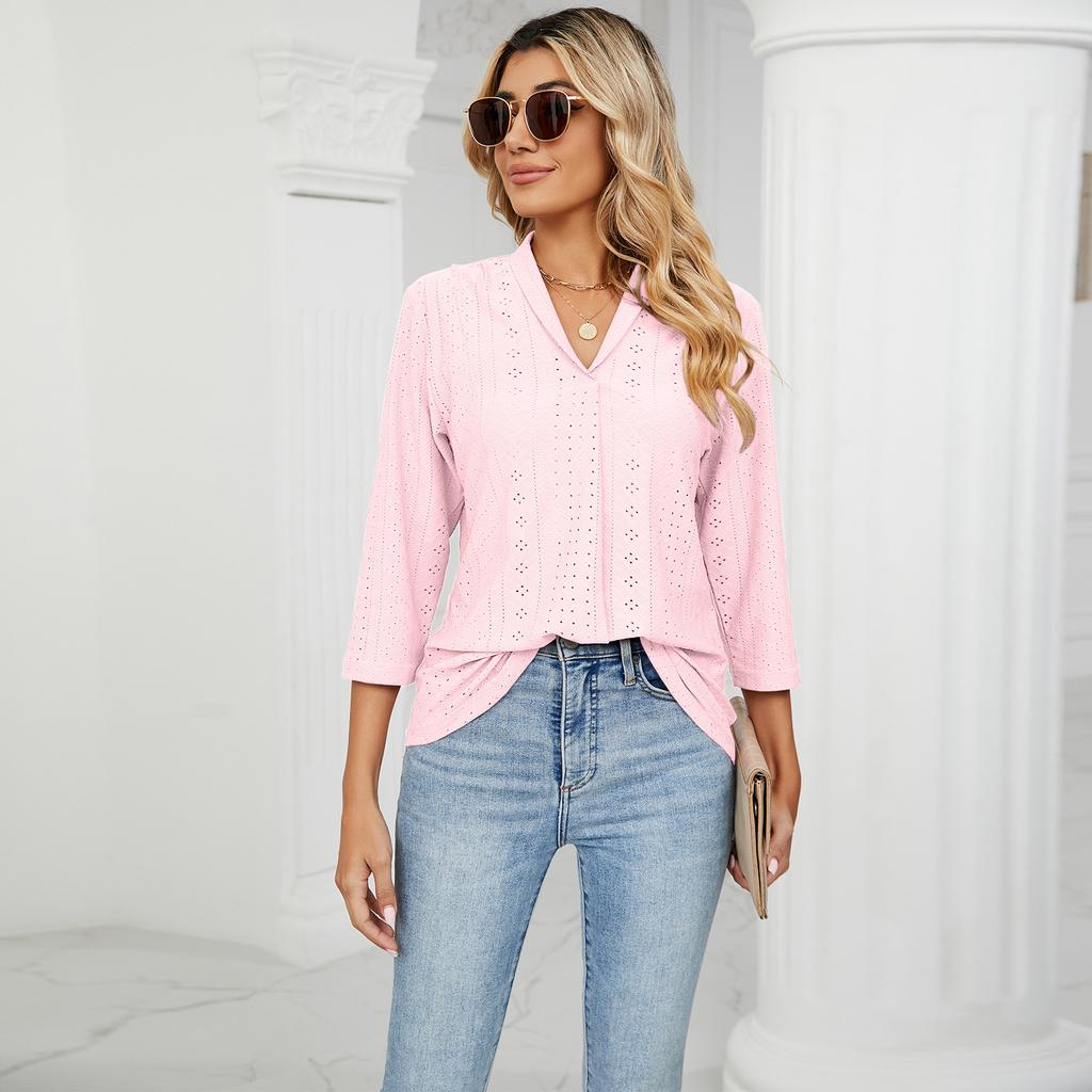 GMXIA Женские модные повседневные однотонные блузки и рубашки с v-образным вырезом и рукавом 3/4 с принтом