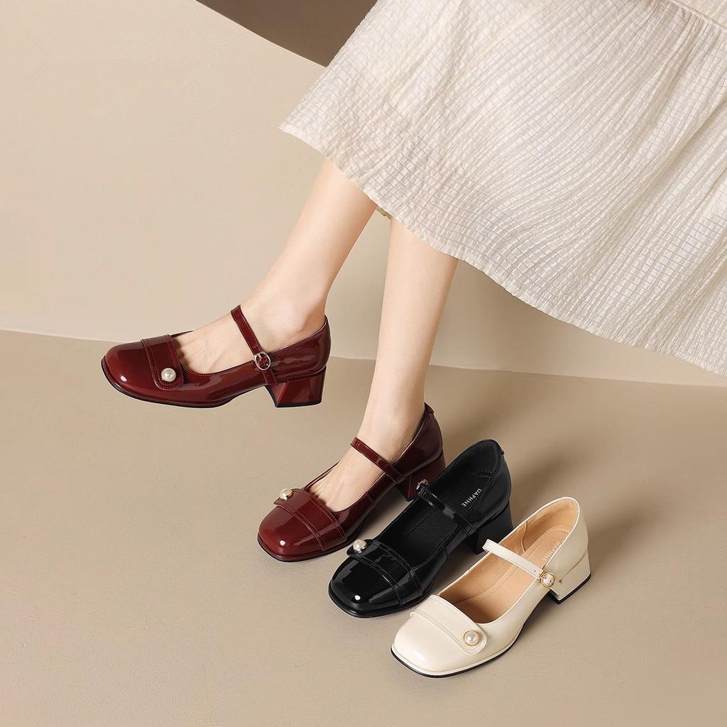 Французский темперамент Нежный легкий рот Одиночные туфли Фея Стиль Фея Квадратная Голова Толстый Каблук С Мэри Джейн Кожаные Туфли