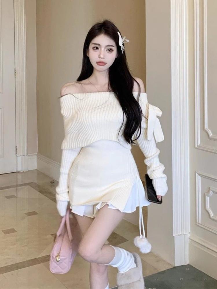 Сплошной свитер с открытыми плечами и милым бантом для женщин, трикотажные тонкие элегантные топы Y2k, женские корейские модные повседневные пуловеры 2024