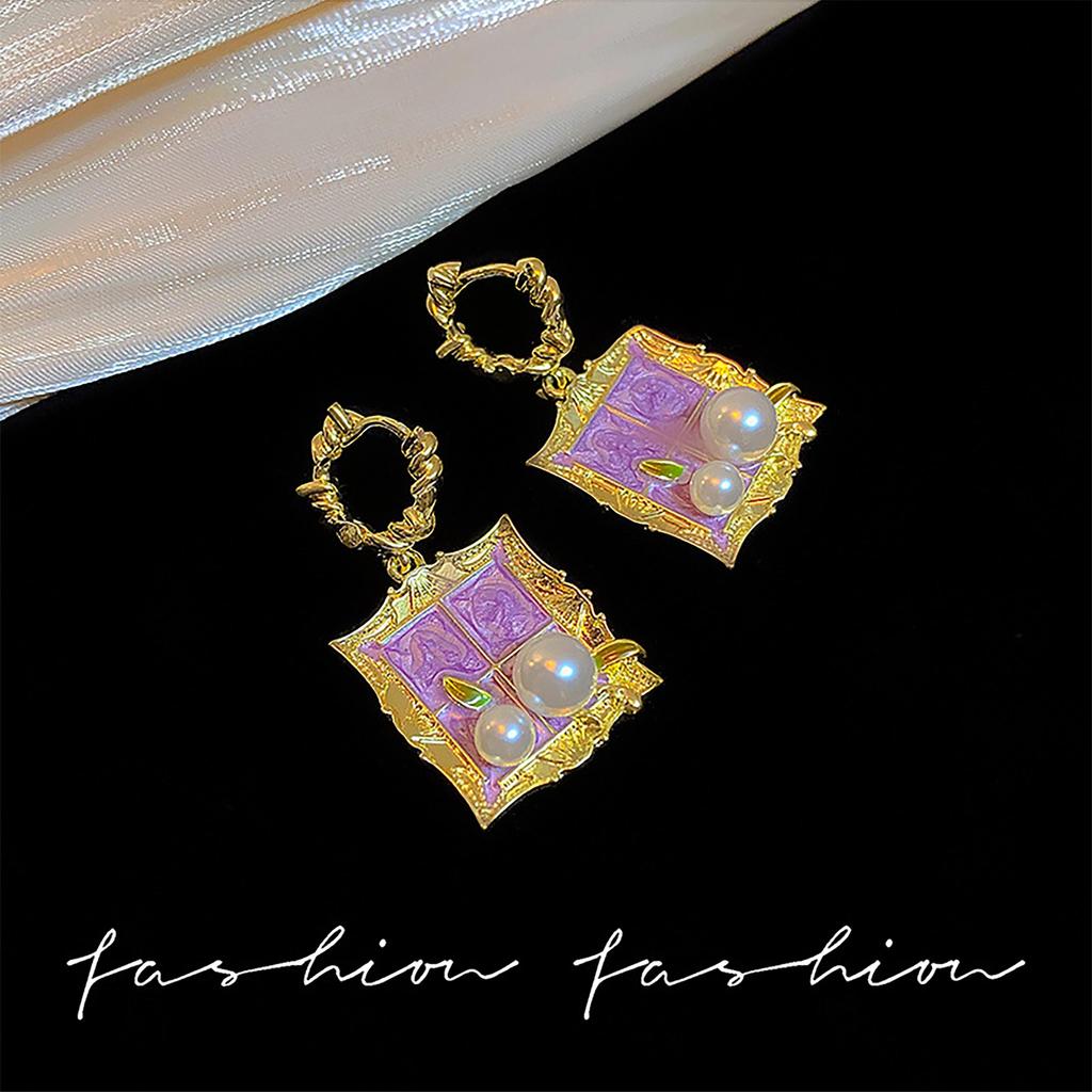 Light Luxury Baroque Purple Oil Painting Monet Garden Style Earrings For Women