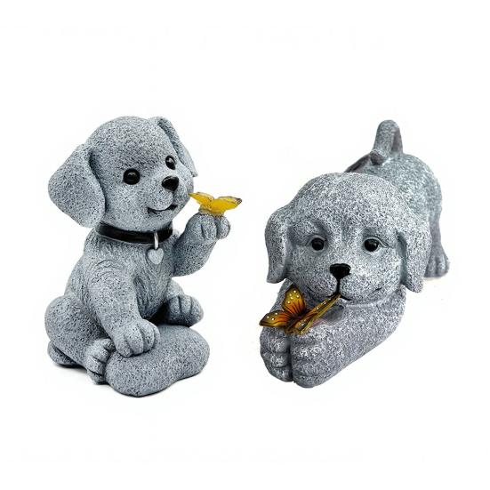Garden Dog Statue with Solar Butterfly Light Small Resin Puppy Sculpture Outdoor Waterproof Solar Powered Animal Figurine for Yard Patio