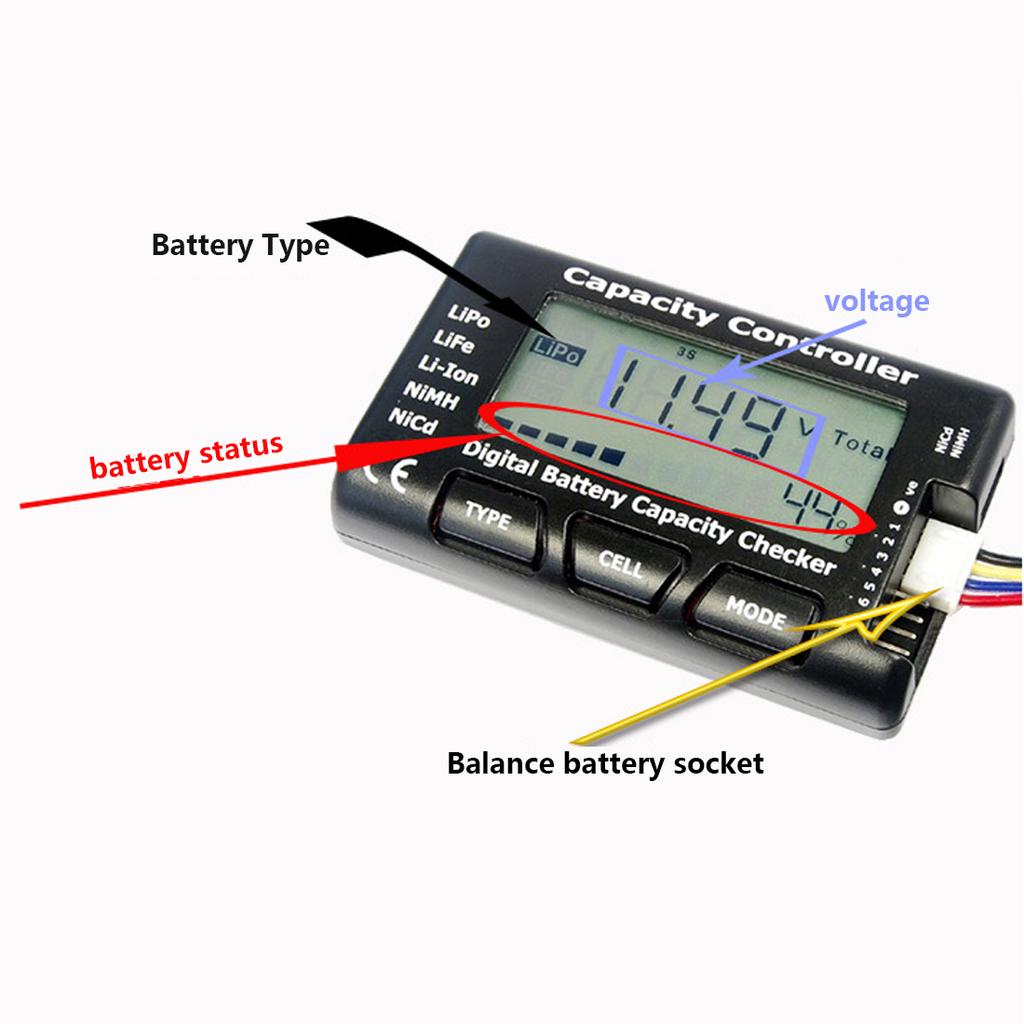 Battery Voltage Tester Checking Tool RC Meter 7 Digital Cell Battery Capacity Checker for LiPo LiFe Li-ion Nicd NiMH