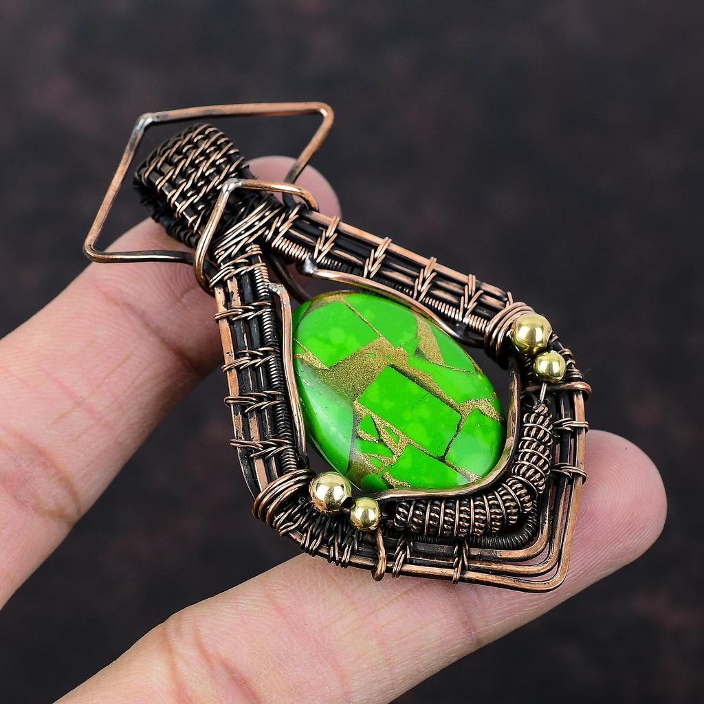 Медный Зеленый Бирюзовый Кулон Медная Проволока Обернутый Кулон Ювелирные Изделия Ручной Работы Подвеска Из Драгоценного Камня Проволочная Обертка Ювелирные Изделия Медные Ювелирные Изделия Подарок Для Женщин