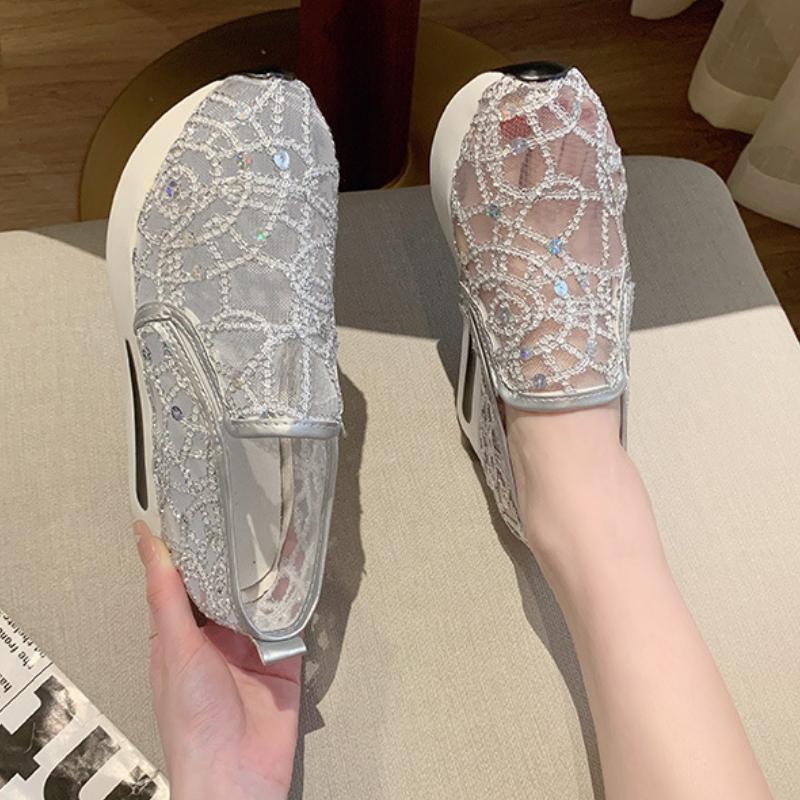 Women Fashion Sneaker Summer Sequin Lace Thick Sole Casual Mesh Round Head Shoes