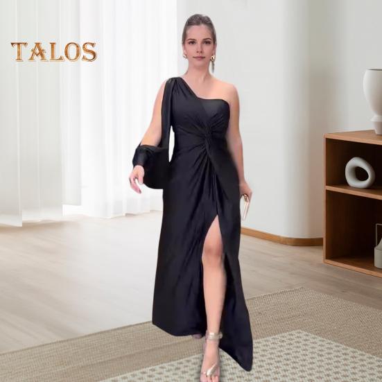 Женское вечернее платье на одно плечо с открытым рукавом, разрезом по низу, однотонное, с тонкой талией, плиссированное, с узлом, однотонное, коктейльное, вечернее платье макси