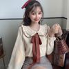 Blouse Women Elegant Shirt Kawaii Peter Pan Collar Bow Design New Fashion All-match Female Corduroy Clothes Sweet Cute Tops