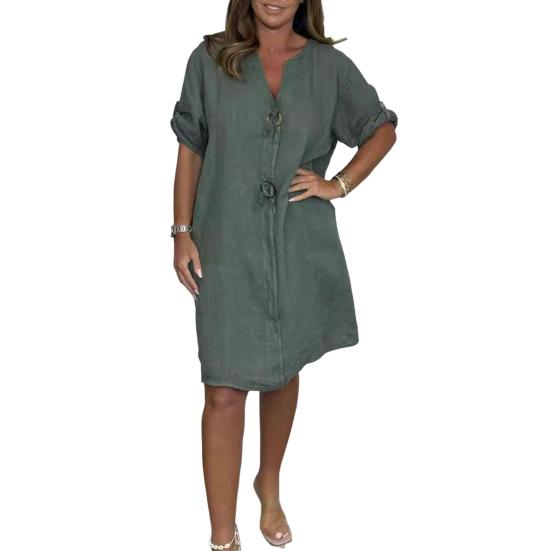 Лето Осень Женское Платье V-образный вырез рукава три четверти Свободный Плюс Размер Длина Колена Ретро Повседневный