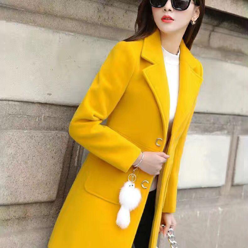 Spring/Autumn/Winter Slim Woolen Coat V-neck Solid Color Long Coat Large Size Casual Warm Windbreaker Temperament Top with Pendant