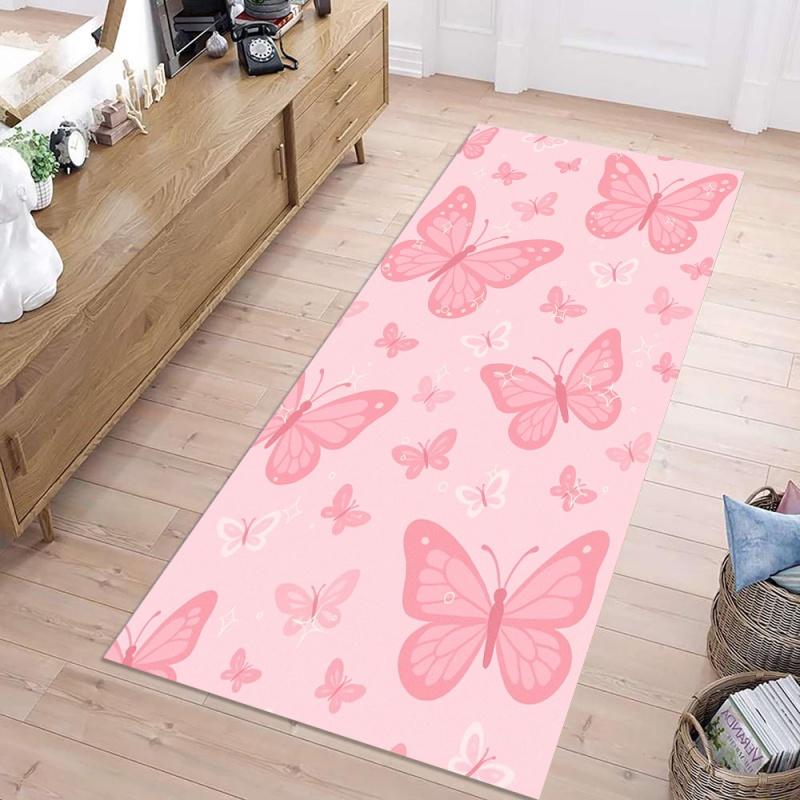 Watercolor Pink Strawberry Star Runner Rug Cute Fruit Print Non Slip Floor Carpet Girls Bedroom Kitchen Sweet Home Decor