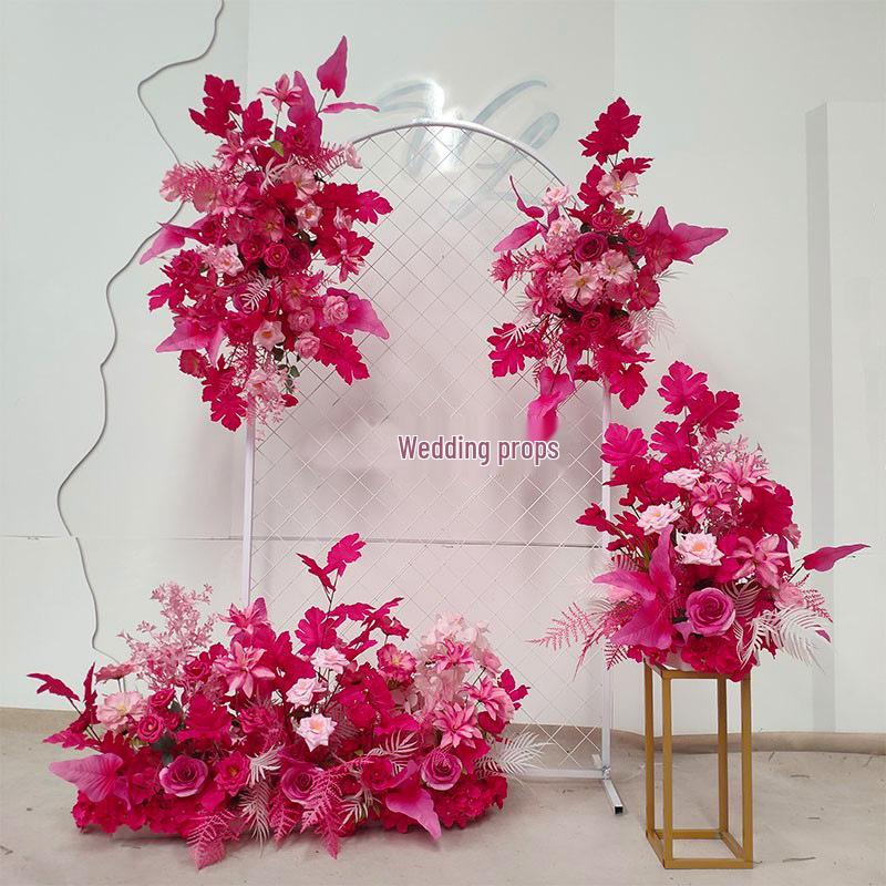 Red Floral Wedding Stage Backdrop with Artificial Flower Rows