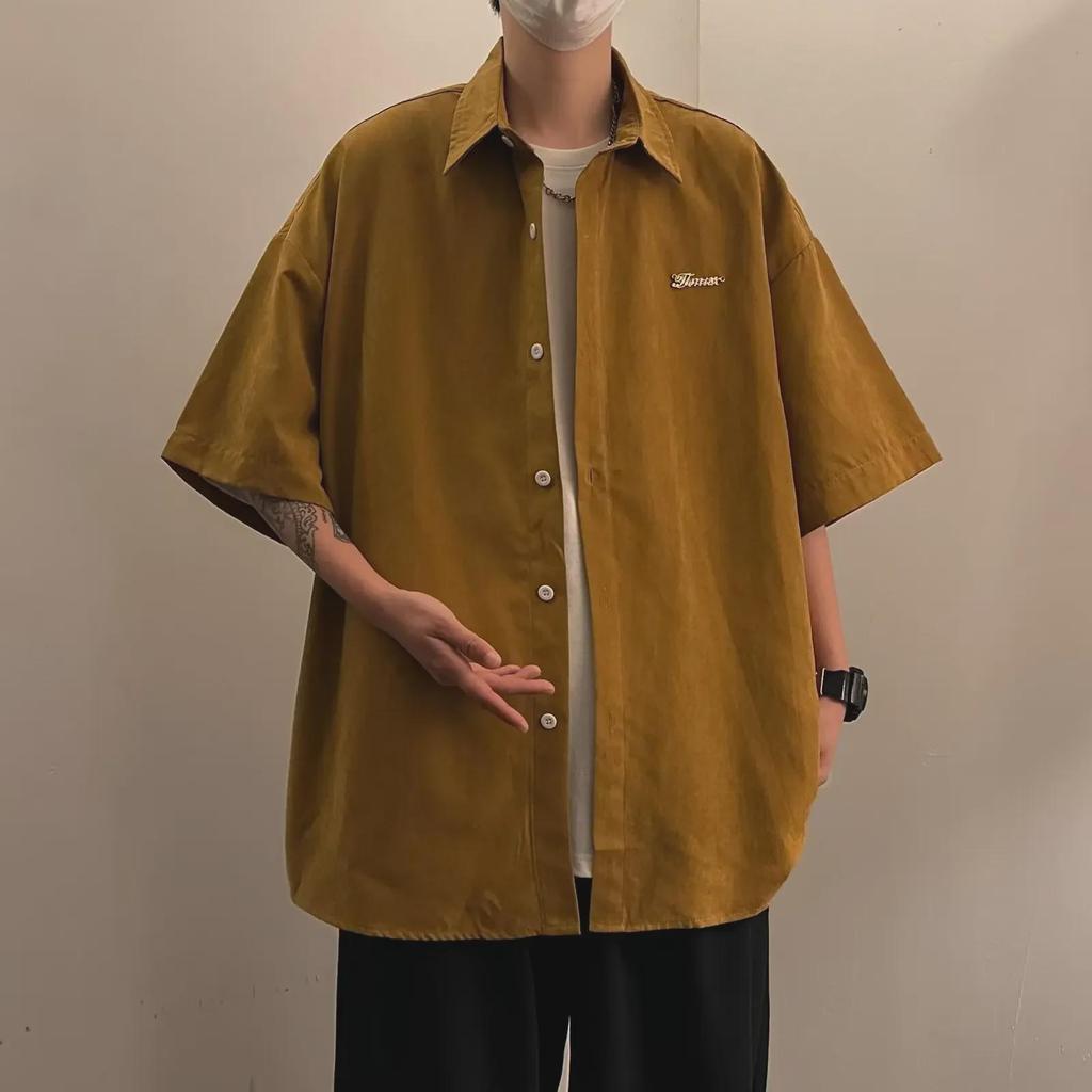 Men's Lapel Five-Point Sleeve Summer Shirt – Solid Color, Youthful Fashion