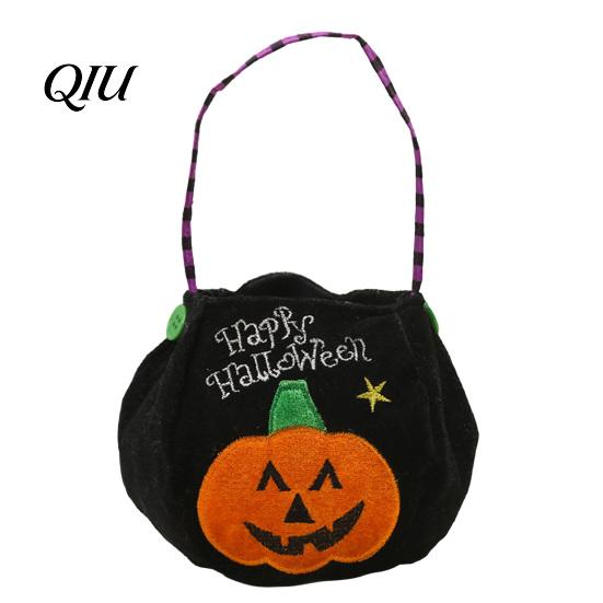 Sturdy Halloween Treat Holder Trick or Bucket, 9.8x5.9 Inch Pumpkin Witch Black Cat Plush Embroidered Bag Tote Bag, Soft Candy Basket with Handle for