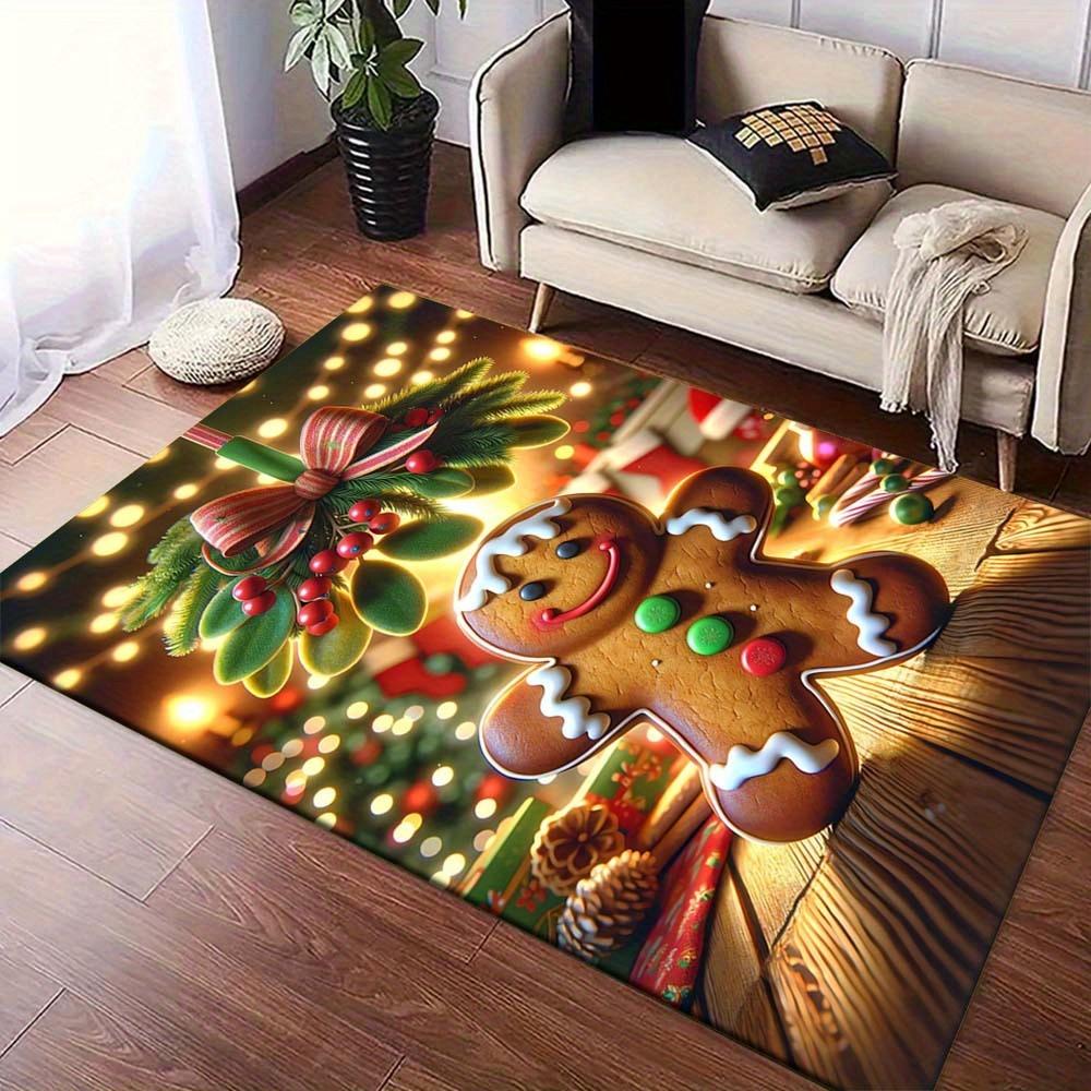 1pc Christmas Themed Rug, Happy Gingerbread Man Print, Bedside Carpet, Non slip Laundry Room Mat, Machine Washable Water Absorbing Entrance
