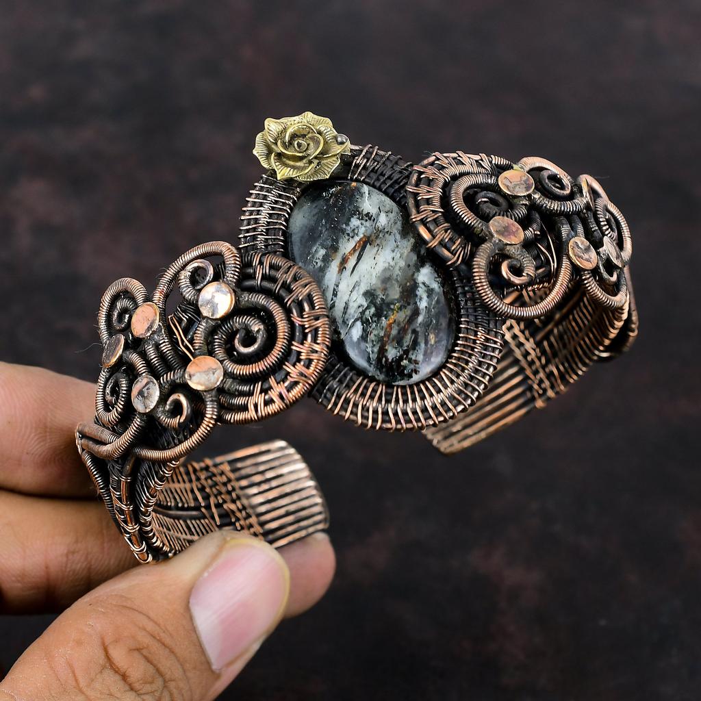 Браслет с астрофиллитом, медная проволока, браслет с драгоценными камнями, регулируемый браслет-манжета, браслет с цветами, медный ювелирный браслет, подарок для него, браслет ручной работы