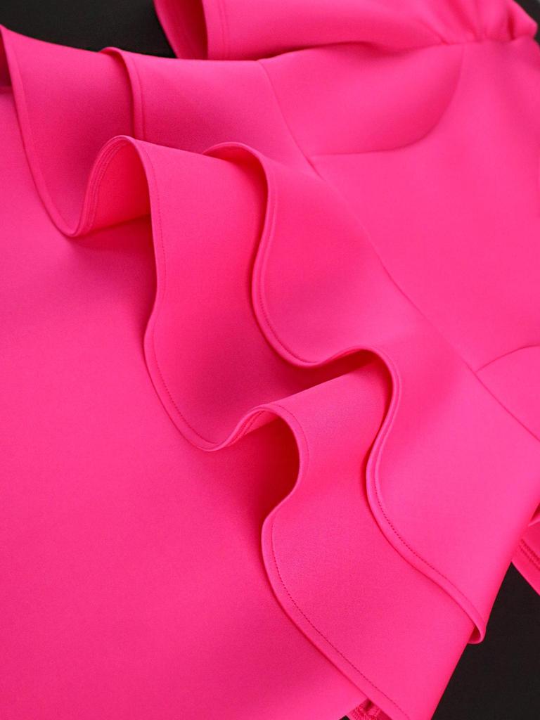 ONTINVA Fuchsia Dresses for Ladies V Neck Puff Half Sleeve Empire Peplum Ruffles Midi Office Work Evening Party Outfits 3XL 4XL