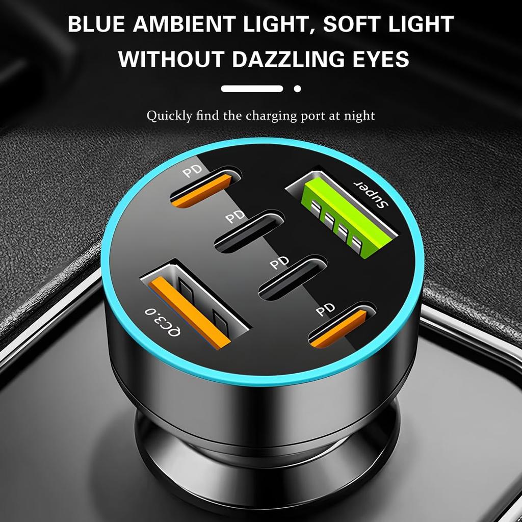 Автомобильное зарядное устройство на 6 портов мощностью 66 Вт с поддержкой PD и QC 3.0, быстрая зарядка 12–24 В, универсальное для смартфонов