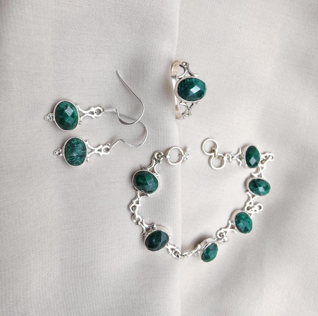 Emerald Jewelry Set: Sterling Silver Bracelet, Ring & Earrings - May Birthstone