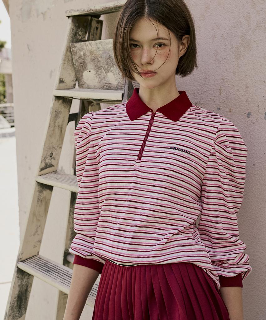 KANDINI Wine Zip-Up Puff Collar Tee