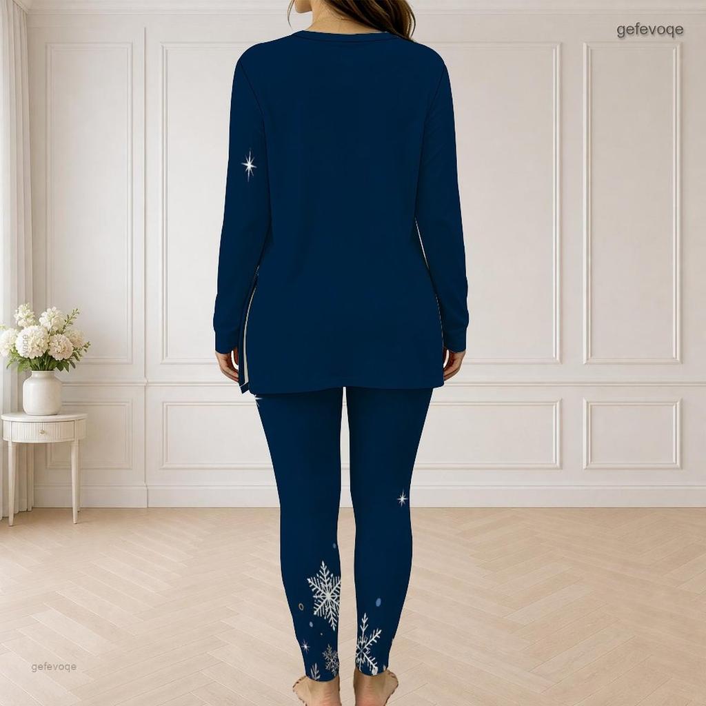 Women Plus Size Two Piece Set Half Zip Long Sleeve Printed Longline Top Fitted Pants Navy Blue