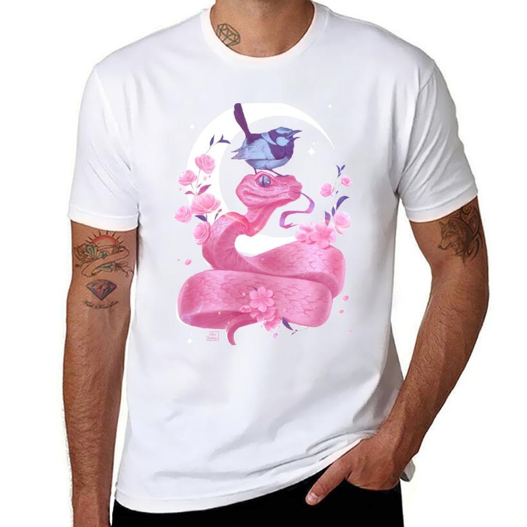 Pink Snake And Bird Tshirt Fashion Pattern Printed Tee Shirt