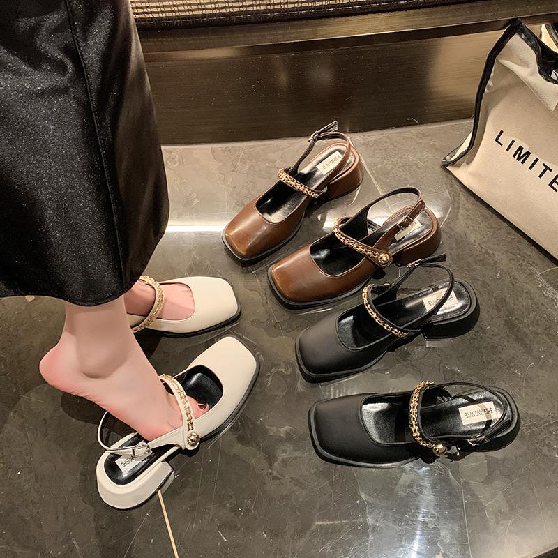 Французские черные босоножки-мешки на высоком каблуке, женская обувь 2025 года, новые весенне-летние туфли Мэри Джейн на толстом каблуке, вечерние туфли