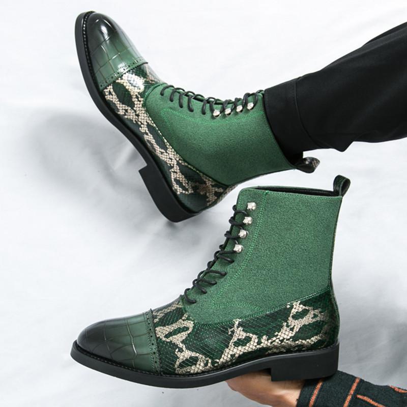 Зимняя Новая Мода Змеиный Принт Комбинированные Мотоциклетные Ботильоны с Острым Носком Высокие Для Мужчин На Плоской Подошве Обувь на Все Случаи Жизни Zapatos Hombre