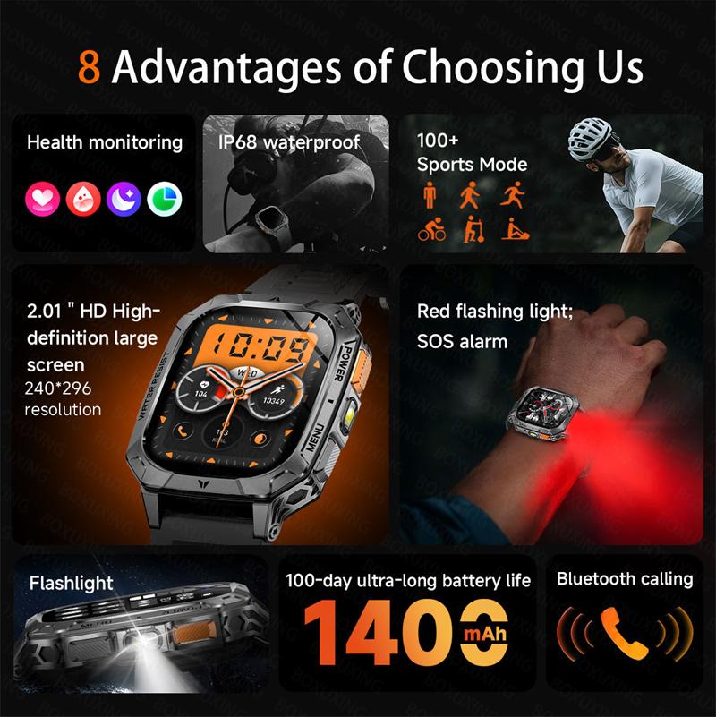Rugged Outdoor Smart Watch 1400mAh 2.01" HD Screen Bluetooth Call GPS IP68 Waterproof Flashlight SOS Fitness Watch for Men