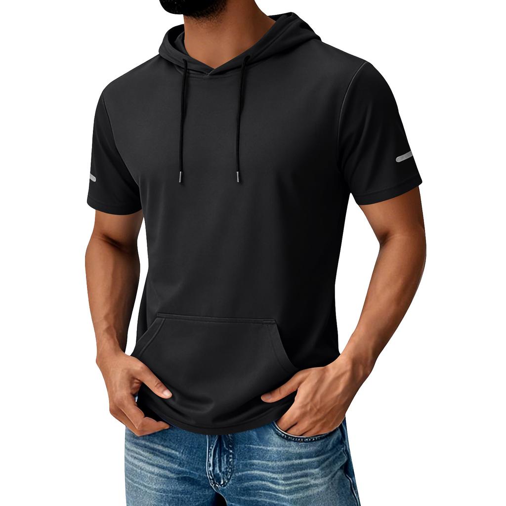 Men's Hooded Pocket Top  Men's Casual Sports Quick Drying Short Sleeved Top