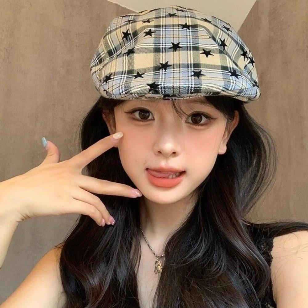 Vintage Newsboy Cap Y2k Plaid Painter Cap Retro Women's Beret Streetwear