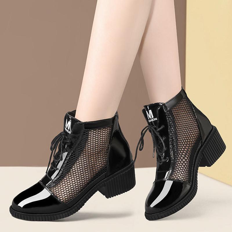 Черные сетчатые ботинки, женские ботинки на квадратном каблуке, кружевная молния сзади, искусственная кожа, мягкая кожа, новая мода, весна-осень